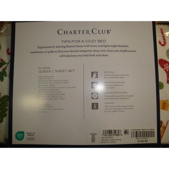 $140 Charter Club Flannel Queen 4 Pc Sheet Set White Multi Color Holiday Icons - Picture 2 of 3
